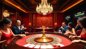 Engage with five88 roulette table, showcasing players and luxurious casino atmosphere.