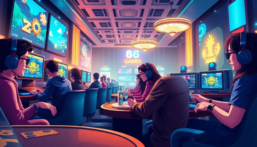 Engaging scene of gamers enjoying 68 Game Bài with modern casino elements.