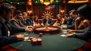 Hitclub poker game featuring vibrant chips and cards in an upscale casino ambiance