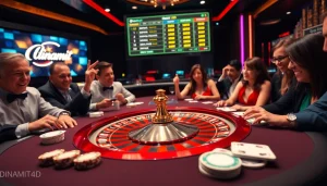 Experience thrilling gameplay at dinamit4d with a vibrant casino scene featuring roulette and cards.