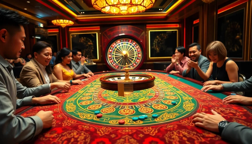 Players engaged in a thrilling game of xóc đĩa at a vibrant casino table, showcasing excitement and strategy.
