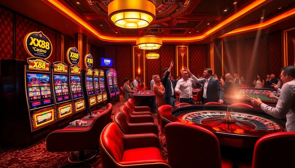 X88 CASINO players enjoying a thrilling moment at a slot machine in a luxurious setting.