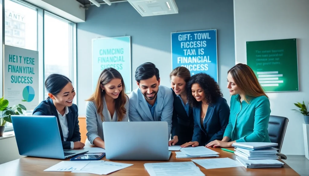 Engaging professionals in a tax preparation office discussing financial strategies and using tax software.