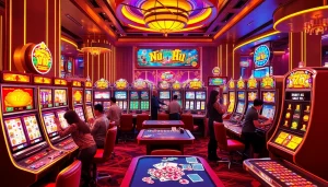 Exciting scene of players enjoying nổ hũ slot machines in a luxurious casino.