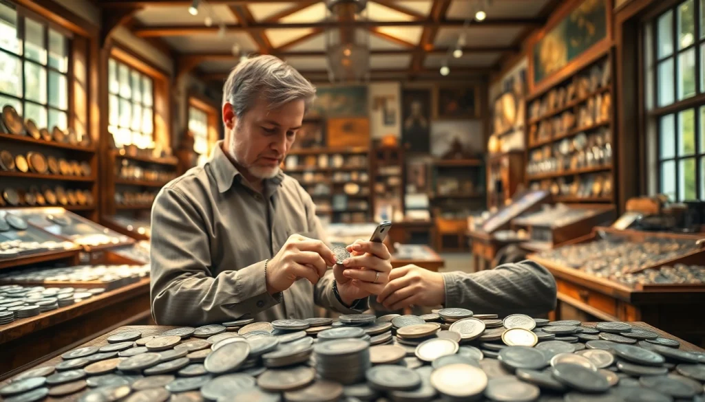 Zinn Ankauf: Detaillierte Ansicht von Silbermünzen in einem Antiquitätengeschäft.