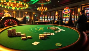 Experience the thrill of poker at Man88 casino with vibrant chips and a luxurious table.
