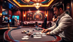 Experience the thrill of gambling at NOHU90's luxury casino with poker chips and roulette.