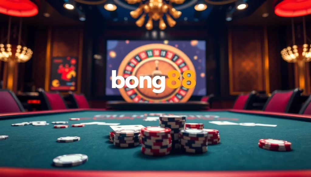 Bong88.casa showcases a lively casino scene with poker chips and a roulette wheel, inviting gamblers to join.