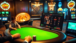 Experience the thrill of gambling with GO99 at a luxury casino setup showcasing poker and roulette.