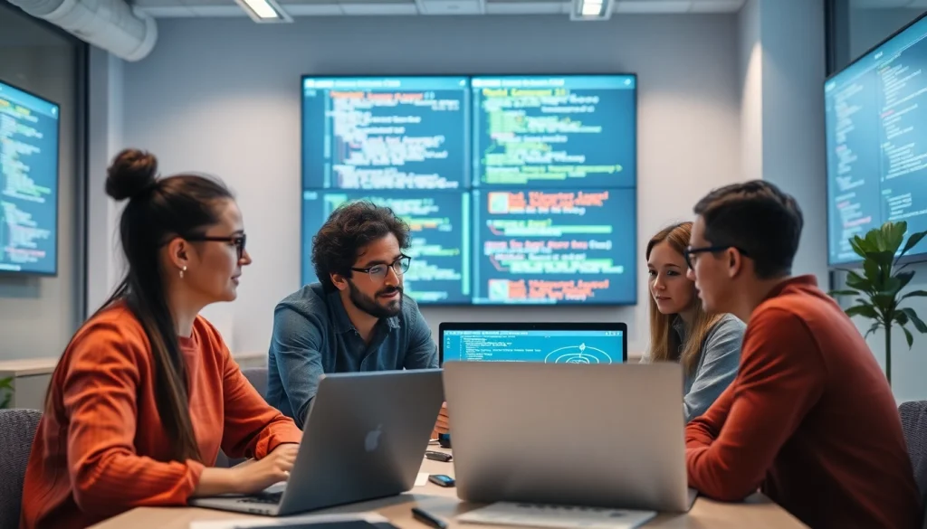 Collaborative software engineering team analyzing complex project data.
