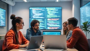 Collaborative software engineering team analyzing complex project data.