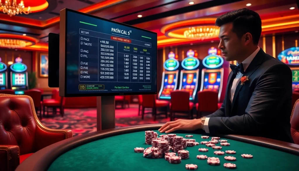 Kèo nhà cái 5 analysis in an upscale casino setting with vibrant gaming elements.