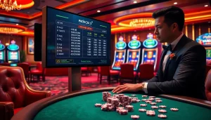 Kèo nhà cái 5 analysis in an upscale casino setting with vibrant gaming elements.