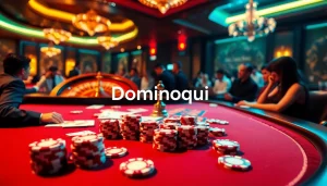 Players enjoying a thrilling game at Dominoqiu's luxurious poker table amidst a vibrant casino setting.