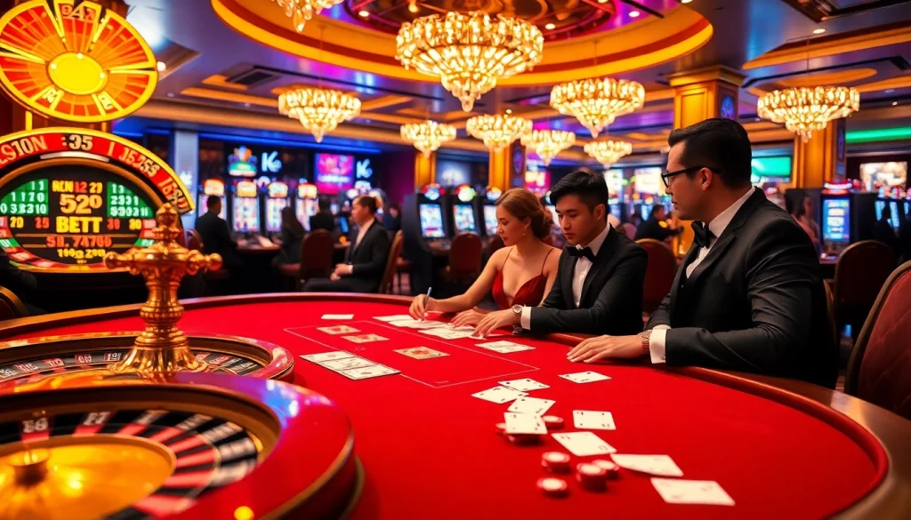 Exciting casino scene featuring poker and slot machines at 99ok.co.im, capturing gamblers' thrilling experience.