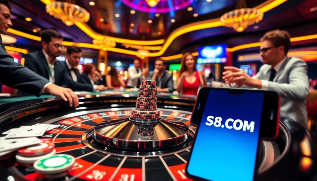Engage in thrilling gameplay at S8.COM with vibrant casino visuals and dynamic poker chips.
