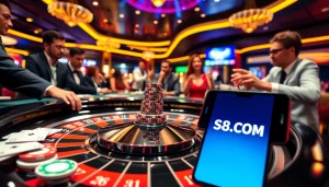 Engage in thrilling gameplay at S8.COM with vibrant casino visuals and dynamic poker chips.