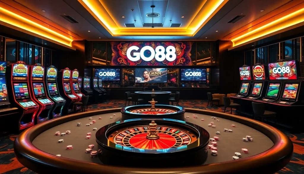 Engaging gambling atmosphere at GO88 casino with vibrant slot machines and poker tables.