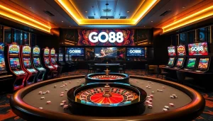 Engaging gambling atmosphere at GO88 casino with vibrant slot machines and poker tables.