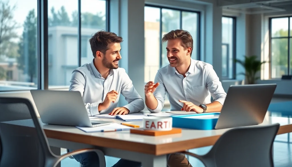 Engaged young couple discussing pool rijbewijs kopen at a modern office desk with digital devices.