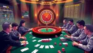 Terlibat dalam adegan permainan poker yang menarik di kasino mewah, menampilkan elemen bertema Datukwin.