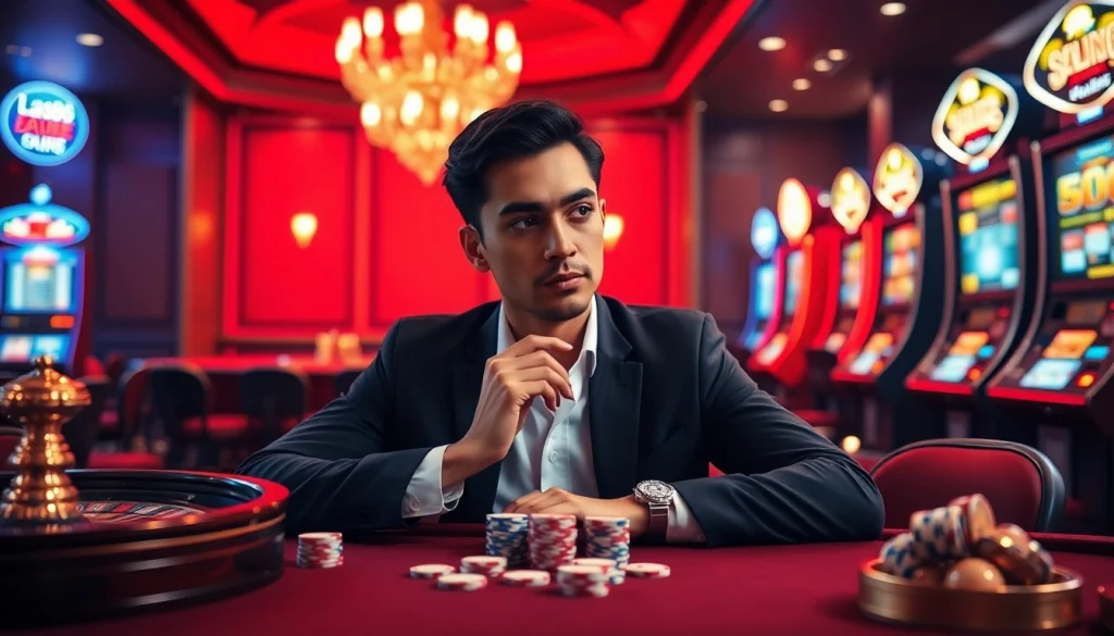 Engaging scene of online gambling at LC88 with luxurious casino elements like poker chips and slot machines.