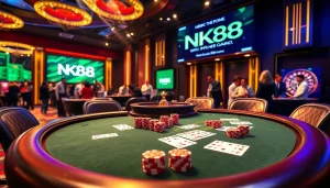 Engage in thrilling gameplay at NK88's luxurious poker table with vibrant chips and cards.
