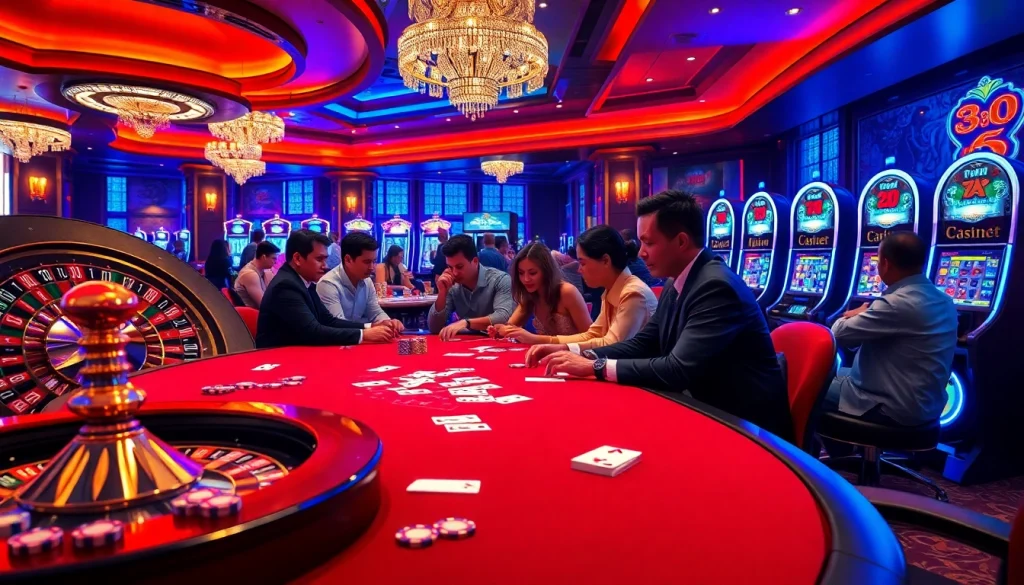 Exciting casino scene featuring 388bet with players at a poker table and roulette wheel.