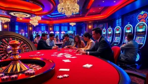 Exciting casino scene featuring 388bet with players at a poker table and roulette wheel.
