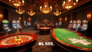 Engage with the thrilling casino atmosphere at BL555 featuring vibrant slot machines and roulette wheels.