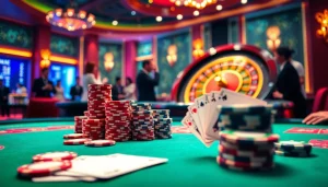 Experience thrilling gambling at ok88 with vibrant casino tables, cards, and roulette.