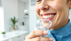 マウスピース矯正 おすすめ with a patient smiling and holding a clear orthodontic aligner in a modern dental office.