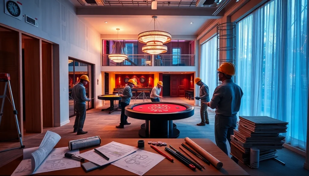 A stunning house extension construction scene integrated with casino elements, highlighting luxurious design and functional areas.