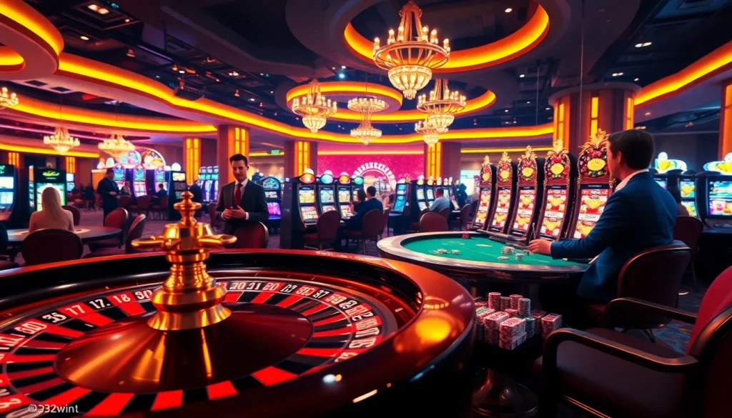 Experience the thrill of gaming at 32win1 with vibrant casino scenes featuring roulette and poker tables.