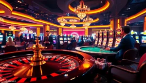 Experience the thrill of gaming at 32win1 with vibrant casino scenes featuring roulette and poker tables.