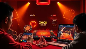 Exciting online gaming scene of XOCDIA88 Xóc Đĩa, showcasing players on smartphones.