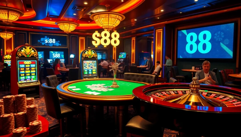 Players engage in thrilling casino action at an s88-themed poker table with chips and cards.