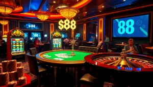 Players engage in thrilling casino action at an s88-themed poker table with chips and cards.
