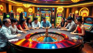 Experience the excitement of nhà cái PS99 at a stunning poker table, surrounded by vibrant casino elements.