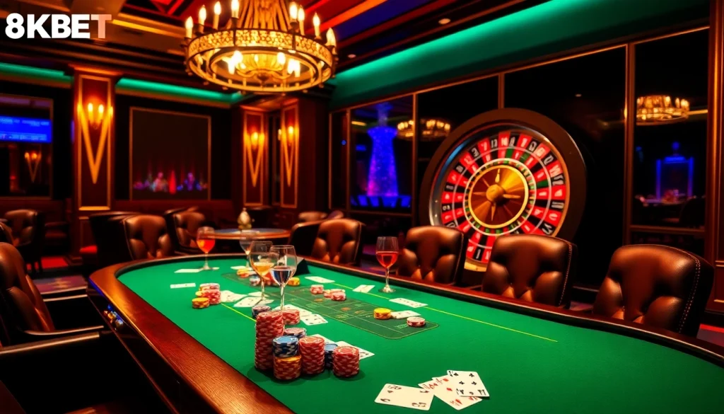 Experience the excitement at http://8kbetok.com/ with a luxurious poker table showcasing vibrant chips and cards.