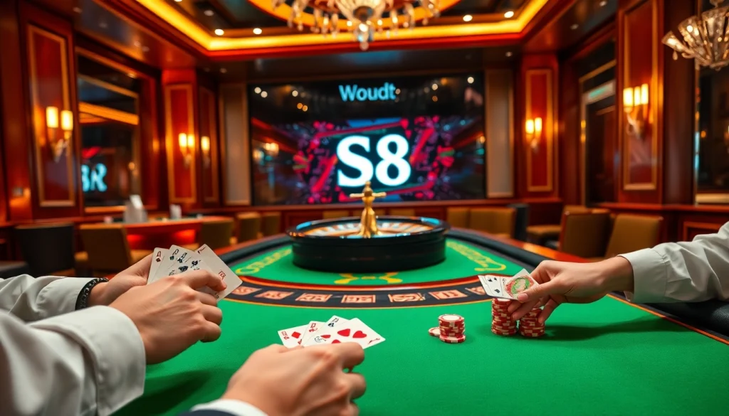 S8 casino players experience thrilling poker games with vibrant chips and cards.