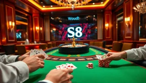 S8 casino players experience thrilling poker games with vibrant chips and cards.