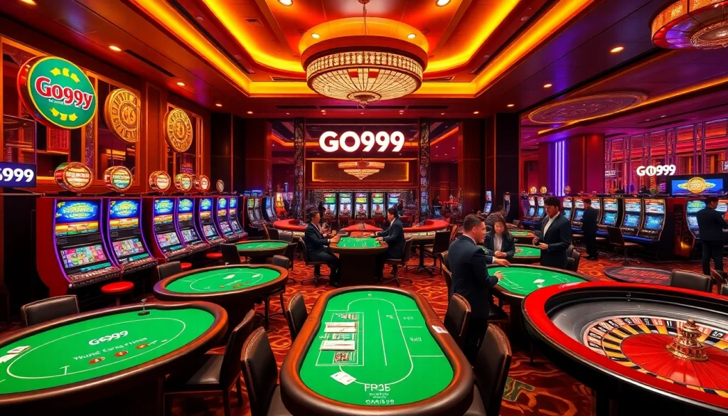 Experience the vibrant thrill of casinos with GO999's luxury gaming environment filled with poker tables and slots.