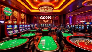 Experience the vibrant thrill of casinos with GO999's luxury gaming environment filled with poker tables and slots.