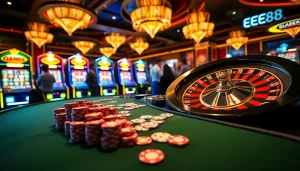 Experience thrilling games at EE88 with vibrant casino tables, poker chips, and exciting roulette.