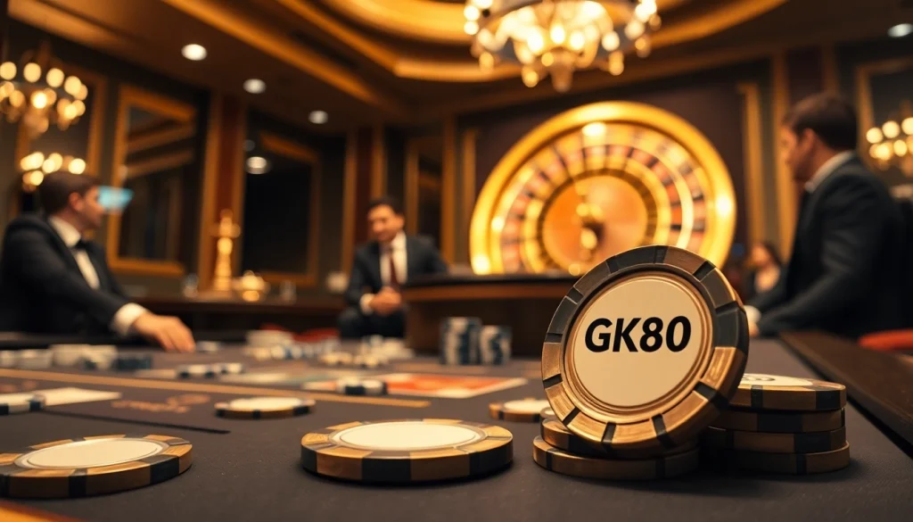 GK88 poker chips amidst an exciting casino atmosphere with chips and cards.