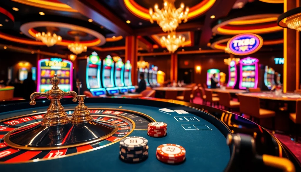 Players celebrating wins at TK88 casino tables in an upscale gambling environment with vibrant colors.