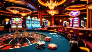 Players celebrating wins at TK88 casino tables in an upscale gambling environment with vibrant colors.