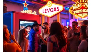 Las Vegas Photo Booth Rental with vibrant props and happy guests enjoying a party atmosphere.