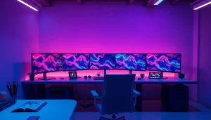 Futuristic workspace showcasing nsfw ai image generator interface with vibrant art.
